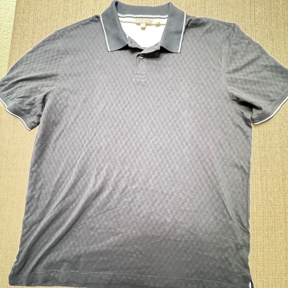 Ted Baker Mens XL Navy Jacquard Geometric Polo Shirt Short Sleeve Tipped Collar